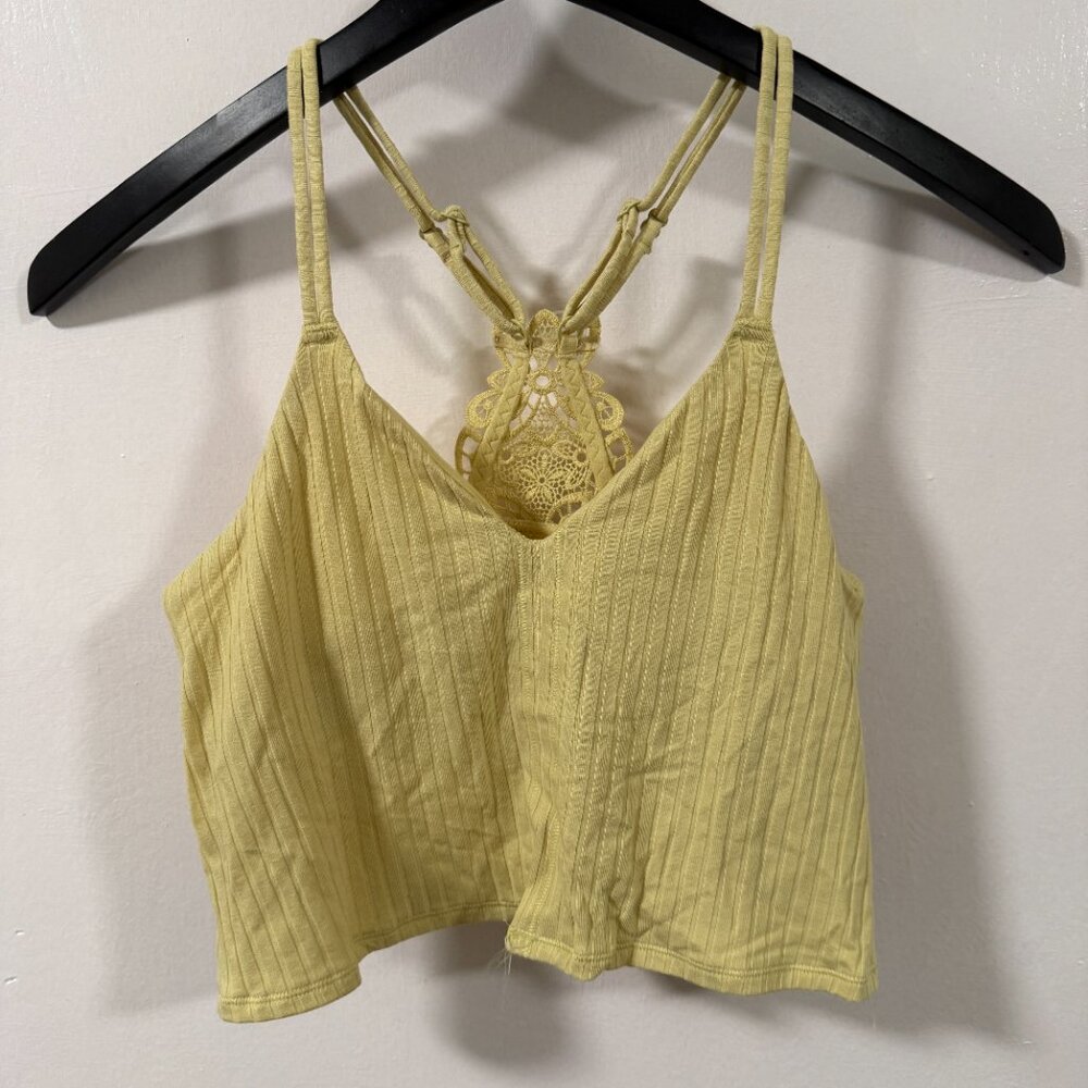 Aerie Yellow Ribbed Lined Longline Strappy Racerback Crop Top Bralette Size S